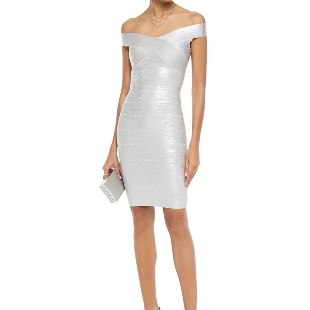 HERVÉ LÉGER  Off-the-shoulder metallic bandage Foil Banded Sheath Dress Medium